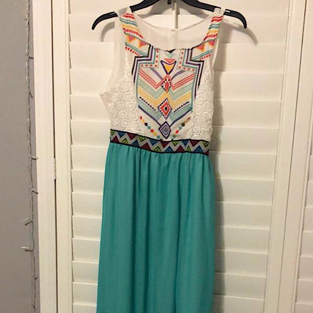 Large white and teal long dress. No rips or holes.